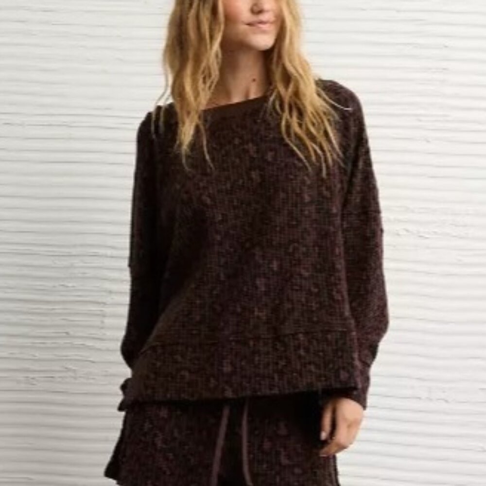 AE Big Hug Off The Shoulder Waffle Leopard Sweatshirt Oversized